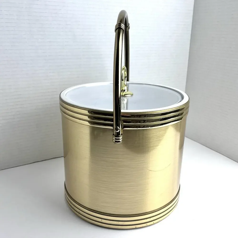 VTG Shelton Designs Brushed Gold Insulated Ice Bucket Metal Handle Lucite Lid US